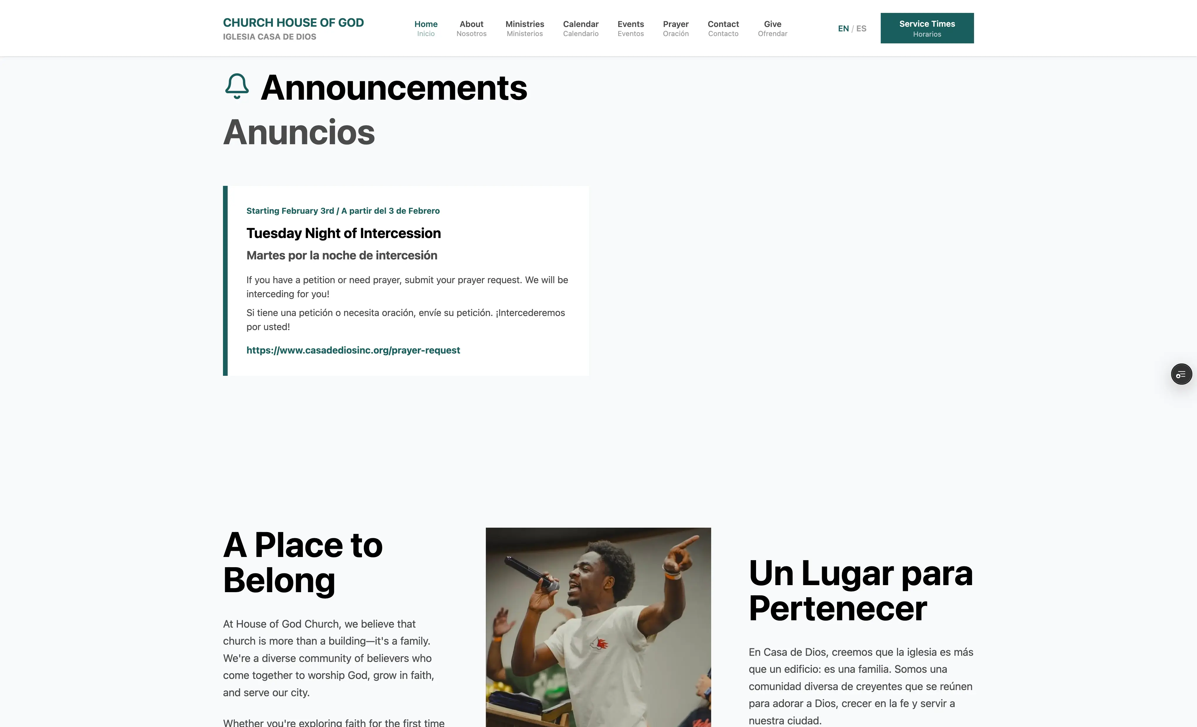 Casa de Dios homepage with announcements and quick call to action 