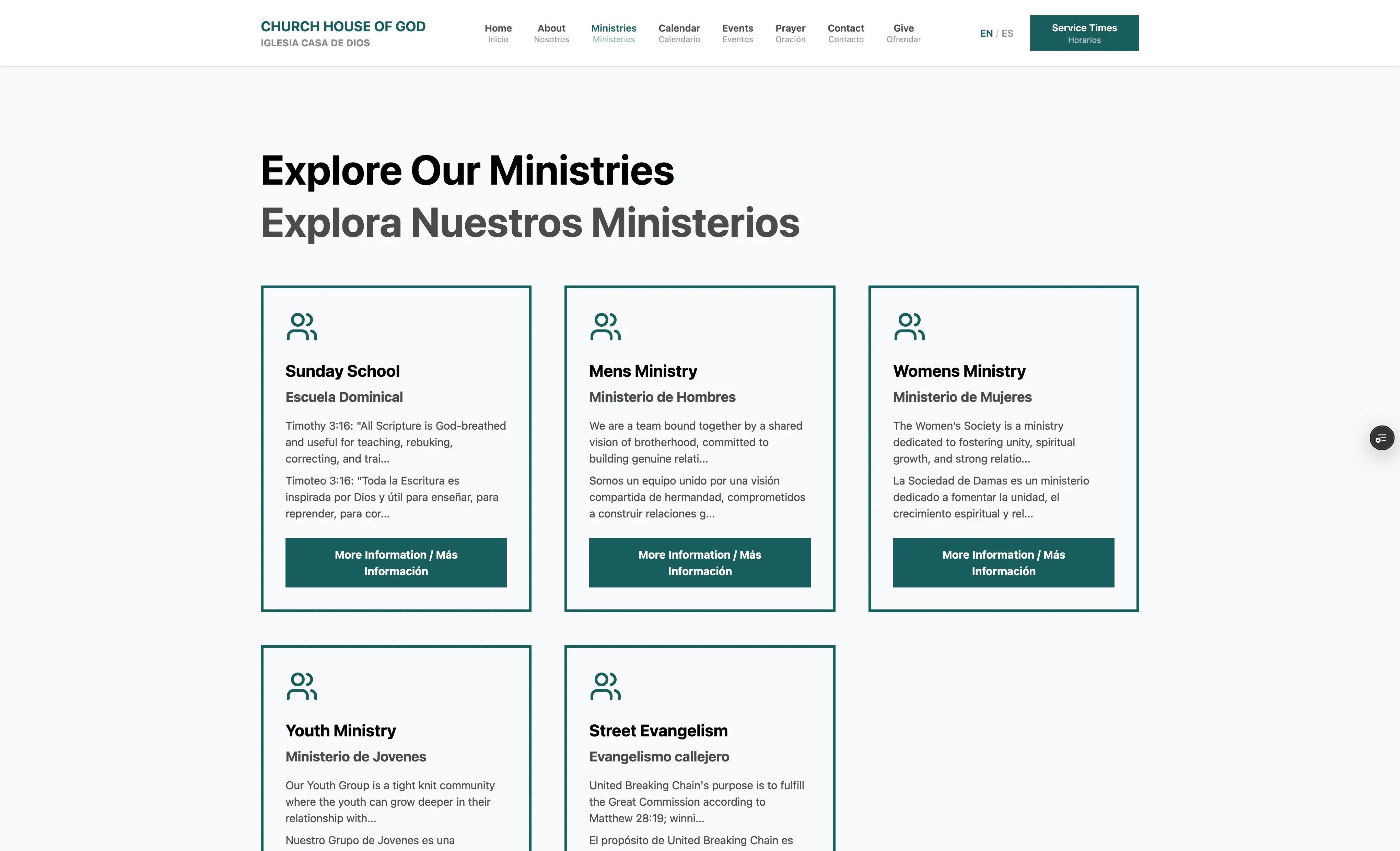 Ministries listing page with bilingual descriptions