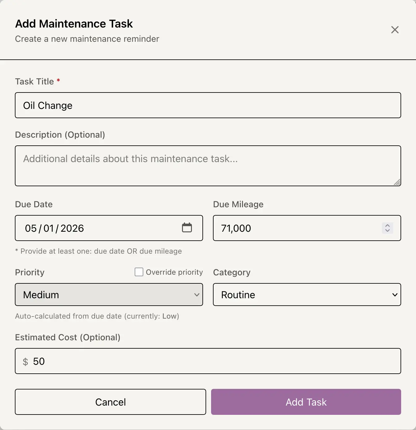 Add Maintenance Task modal with due date, due mileage, priority, and cost fields