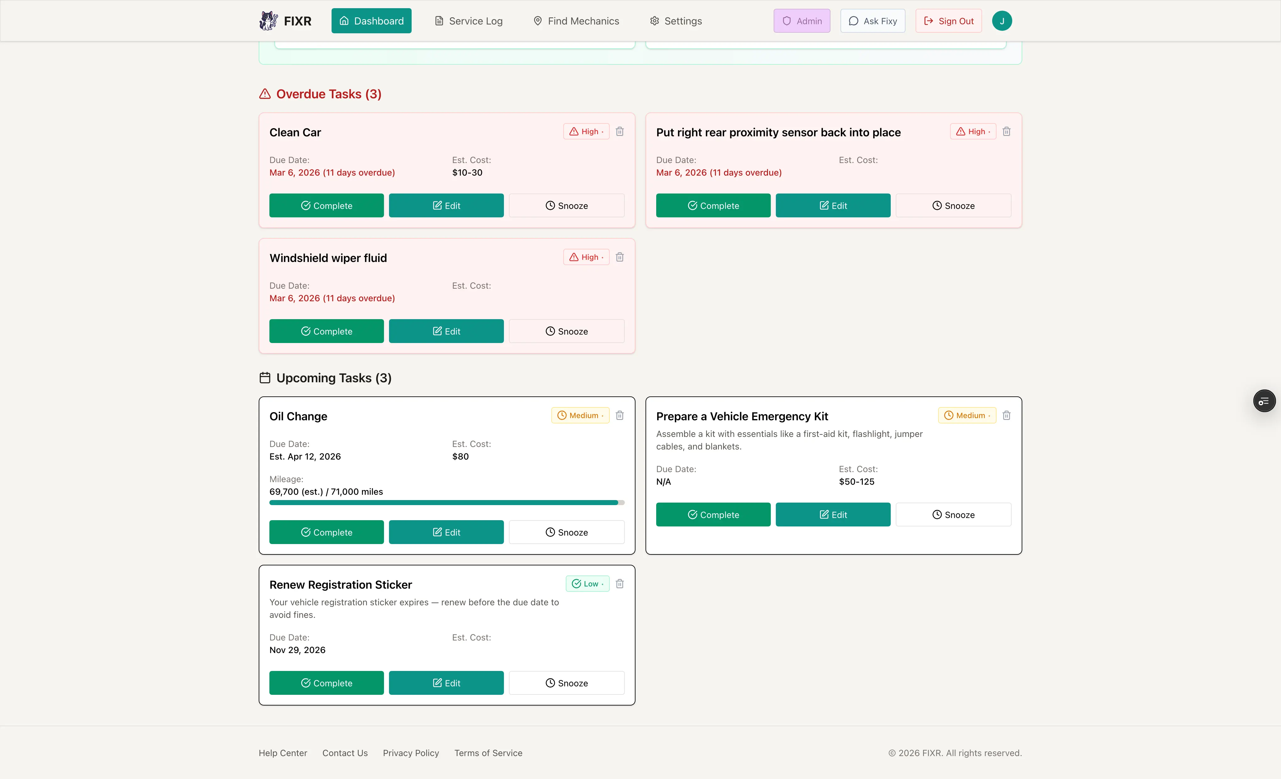 Dashboard showing overdue and upcoming maintenance tasks with priority badges and mileage progress