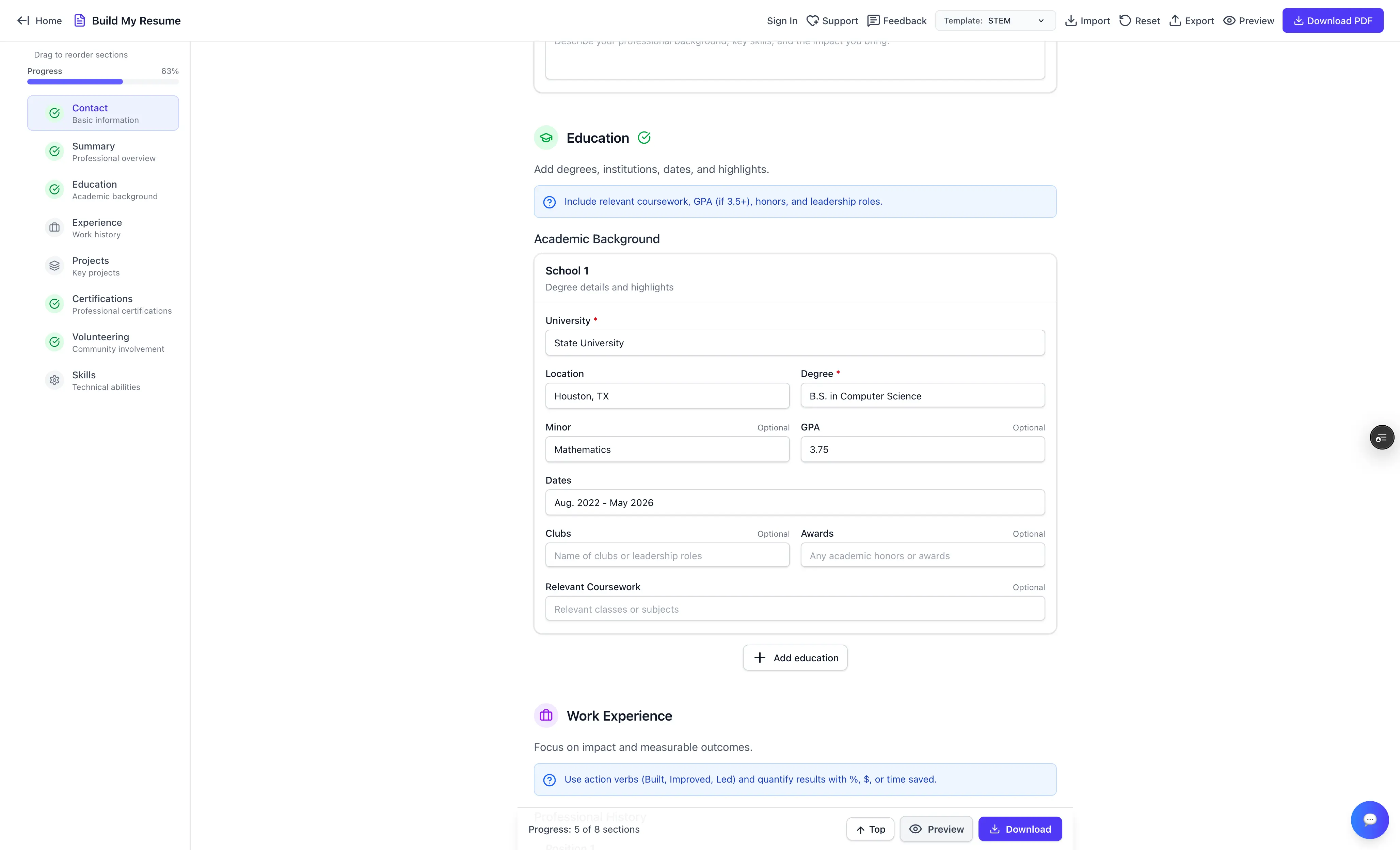 Education section form with mid-fill state