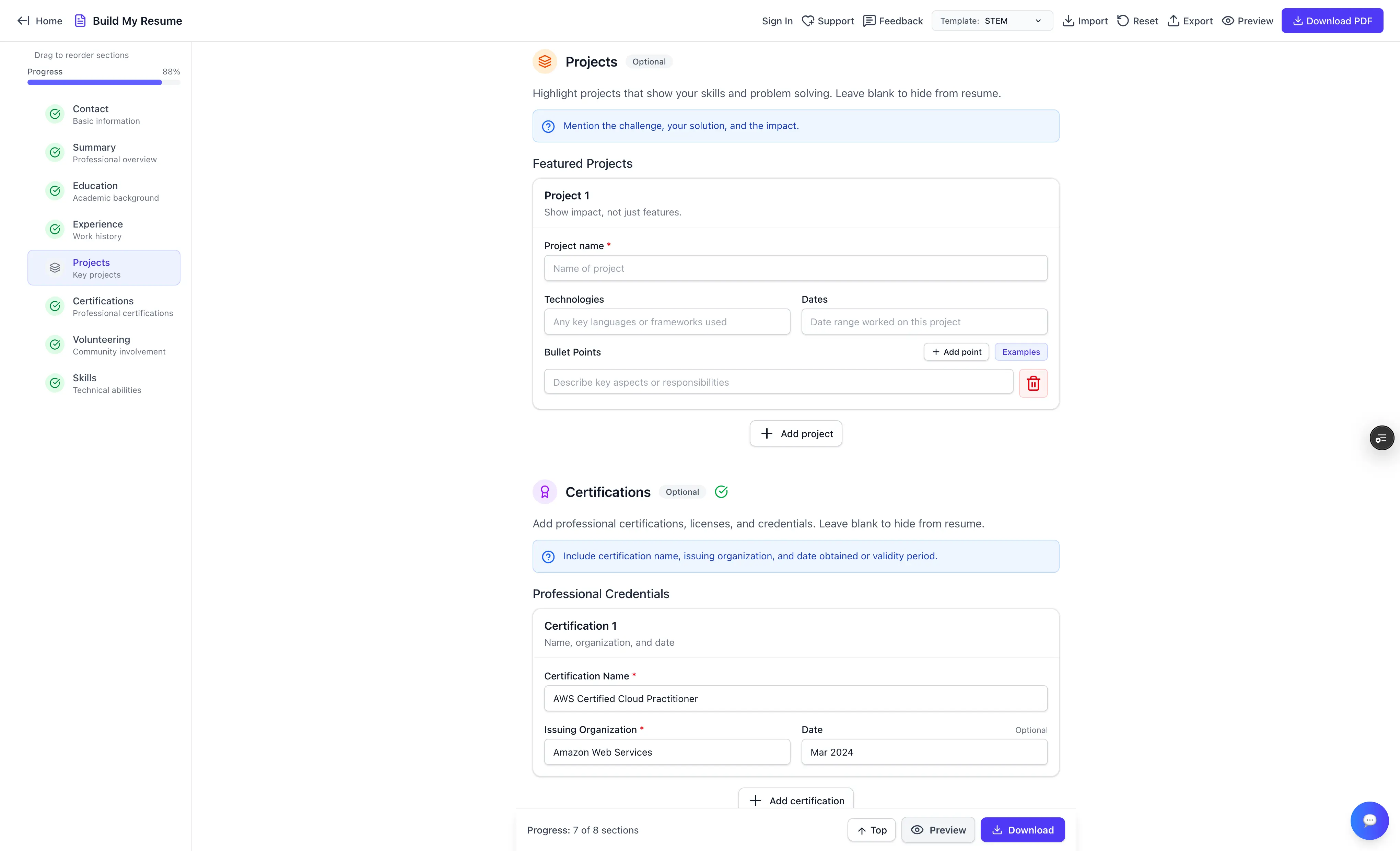 Projects and Certifications sections
